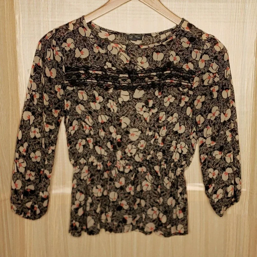 Lily Rose Womens Brown Abstract Floral Semi Sheer Blouse Small - Picture 1 of 7